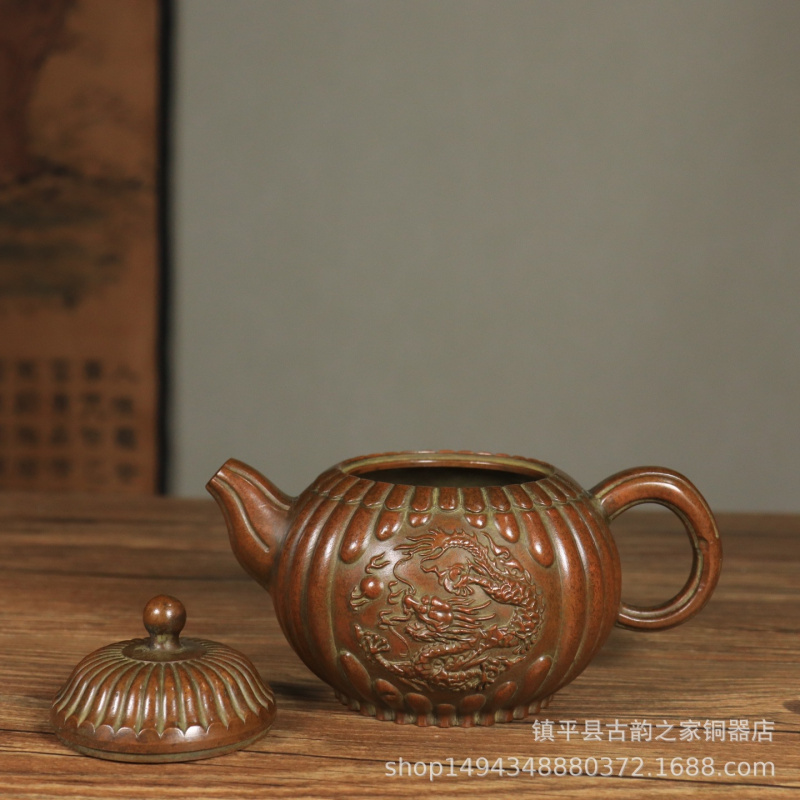 Office Furniture Phoenix - กาน้ำชาทองเหลืองลายมังกรและหงส์ ทองแดงแท้ ลายเซียงหยุน กาน้ำชาขนาดเล็ก ของตกแต่งสำนักงาน ห้องนั่งเล่น