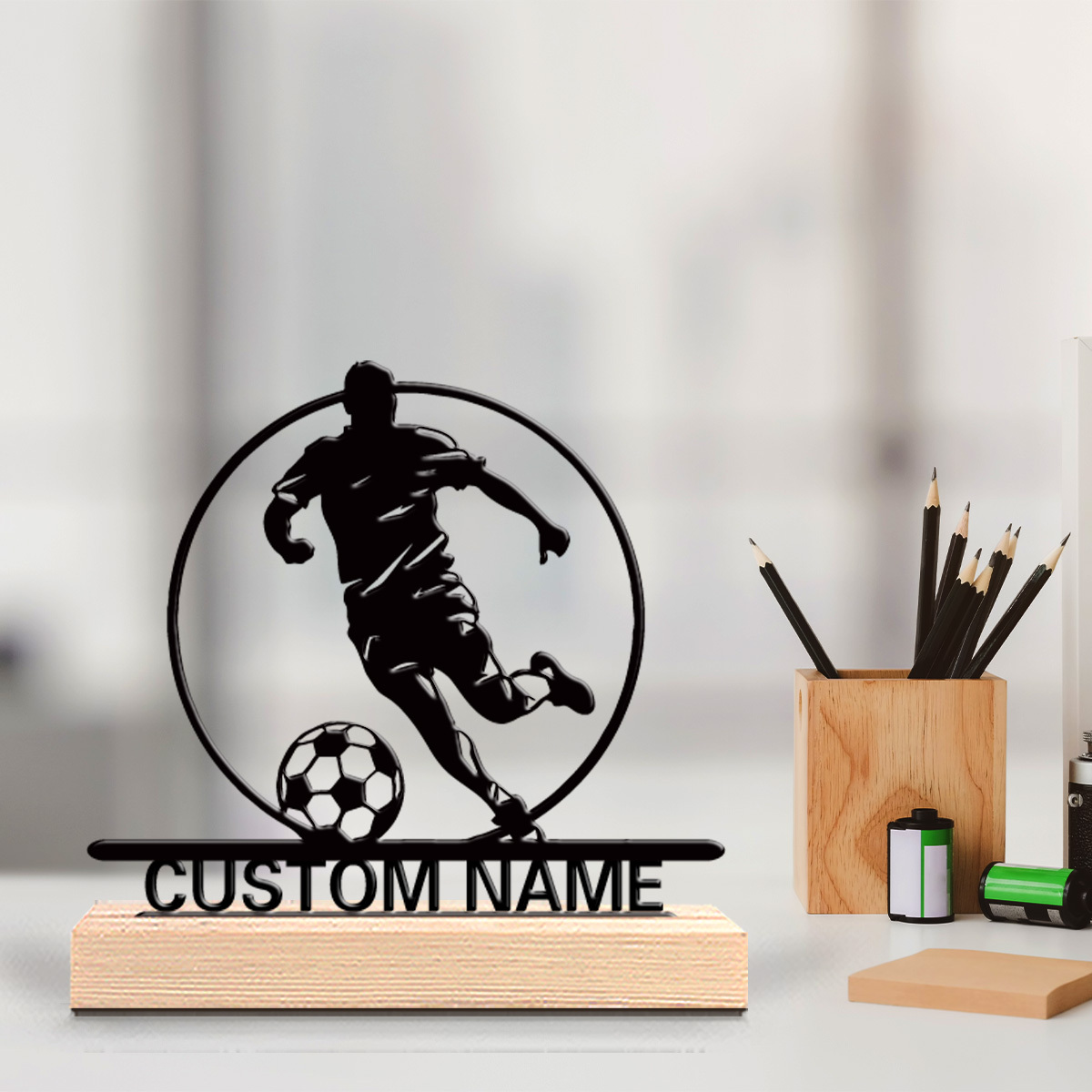 Office Furniture Table - รูปปั้นนักฟุตบอลโลหะสั่งทำพร้อมชื่อ ฐานไม้ตกแต่งโต๊ะ ของขวัญสำหรับแฟนฟุตบอล ของขวัญวันเกิด/วันหยุด/ตกแต่งบ้าน/สำนักงาน